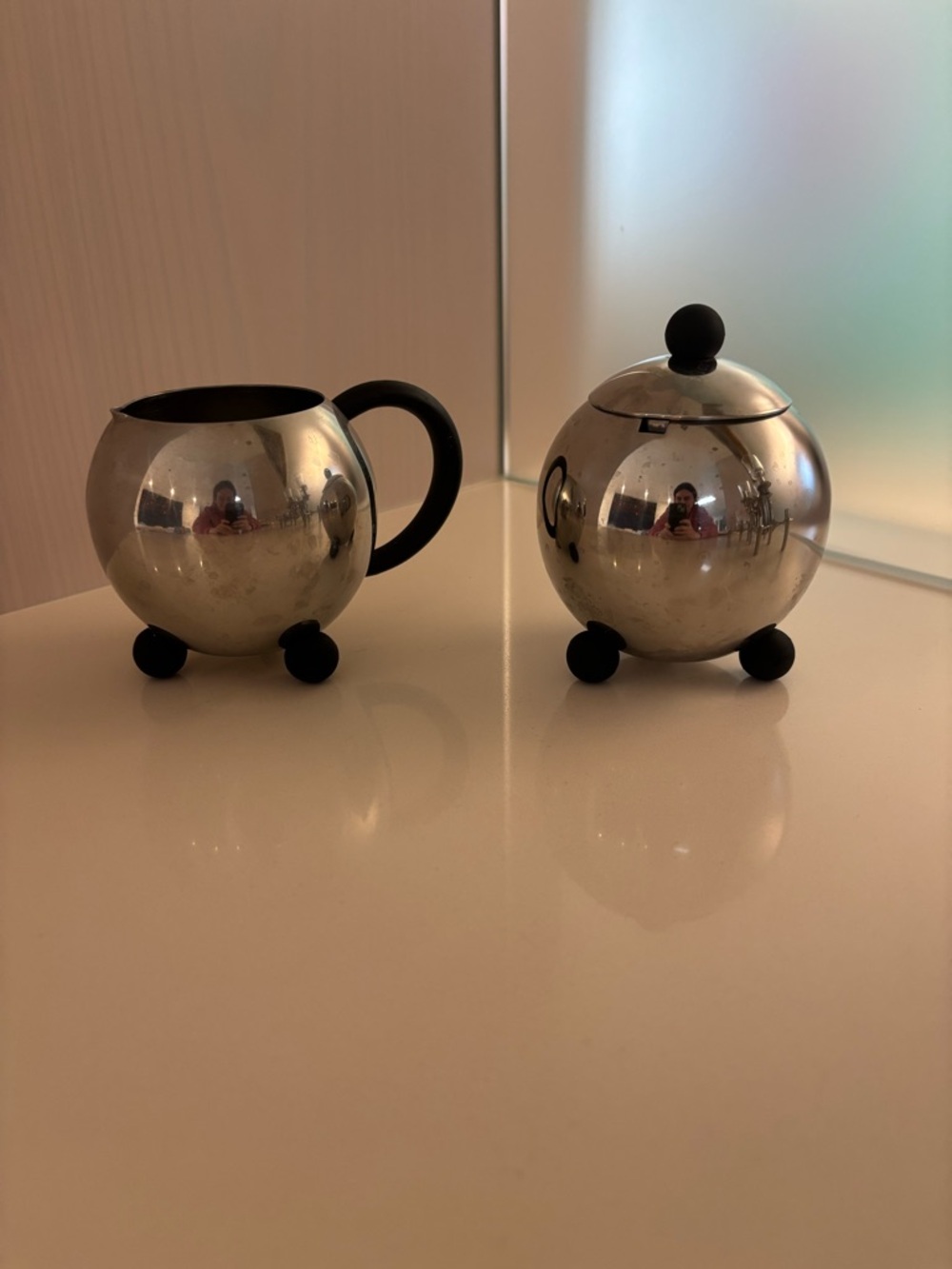 Stainless Steel Sphere Sugar Bowl and Creamer Set mcm mid century modern style